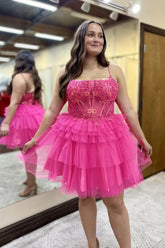 Hot Pink Spaghetti Straps A-Line Tulle Tiered Short Corset Homecoming Dress with Appliques