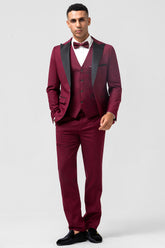 Burgundy Peak Lapel Slim Fit 3 Pieces Formal Prom Men's Suits