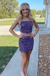 Sparkly Purple Spaghetti Straps Sequins 2 Pieces Bodycon Short Homecoming Dress