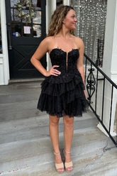 Black Sweetheart Tulle A-Line Tiered Corset Short Homecoming Dress with Appliques