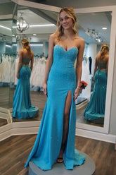Glitter Blue Sweetheart Beaded Mermaid Long Prom Dress with Slit