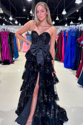 Sparkly Black Sweetheart A-Line Sequins Ruffled Long Corset Prom Dress with Bow