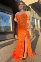 Sparkly Orange Off the Shoulder Sequins Mermaid Long Corset Prom Dress with Slit