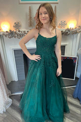 Dark Green Spaghetti Straps Tulle A-Line Long Prom Dress with Appliques