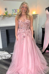 Sparkly Pink One Shoulder Tulle A-Line Long Corset Prom Dress with Sequins
