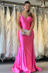 Fuchsia Spaghetti Straps Satin Mermaid Long Prom Dress with Open Back