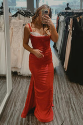 Red Spaghetti Straps Mermaid Satin Long Prom Dress with Open Back