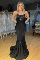Glitter Black Spaghetti Straps Mermaid Long Corset Prom Dress with Beading