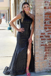 Sparkly Black One Shoulder Sequins Mermaid Long Prom Dress with Feather