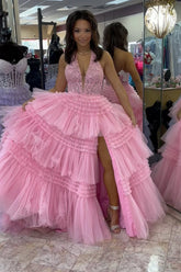 Pink Halter Neck Tulle A-Line Tiered Long Corset Prom Dress with Appliques
