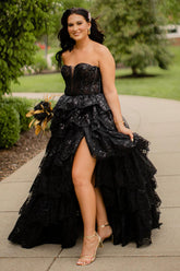 Black Strapless A-Line Tulle Tiered Long Corset Prom Dress with Sequins
