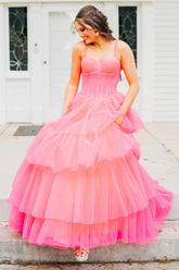 Pink Spaghetti Straps A-Line Tulle Tiered Long Corset Prom Dress