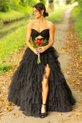 Black Sweetheart Princess Tulle Tiered Long Corset Prom Dress with Slit