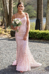 Sparkly Pink Spaghetti Straps Mermaid Sequins Long Corset Prom Dress