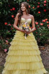 Yellow Sweetheart Princess Tulle Tiered Long Corset Prom Dress with Appliques