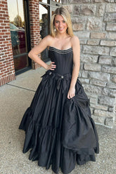 Black Strapless A-Line Satin Long Corset Prom Dress with Bows