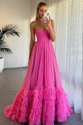 Sparkly Sweetheart Tulle A-Line Ruffled Long Corset Prom Dress with Slit