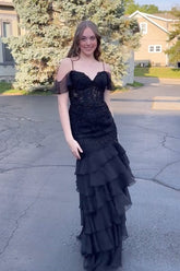 Black Cold Shoulder Chiffon Tiered Mermaid Long Prom Dress with Appliques