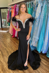 Black Off the Shoulder Mermaid Satin Long Prom Dress with Sequins
