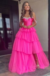 Fuchsia Off the Shoulder A-Line Tulle Tiered Long Corset Prom Dress with Slit
