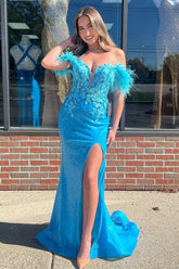 Sparkly Blue Off the Shoulder Mermaid Sequins Long Corset Prom Dress with Feather