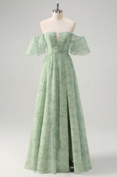 Sage Green Off the Shoulder A-Line Chiffon Ruched Long Prom Dress with Slit