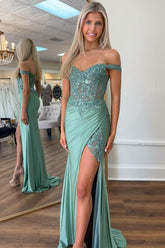Green Off the Shoulder Mermaid Appliqued Long Corset Prom Dress with Slit