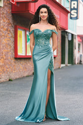Grey Green Mermaid Satin Off the Shoulder Long Corset Prom Dress with Appliques
