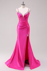 Fuchsia Spaghetti Straps Mermaid Satin Long Corset Prom Dress with Slit