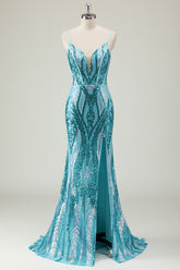 Sparkly Blue Mermaid Spaghetti Straps Sequins Long Corset Prom Dress with Slit