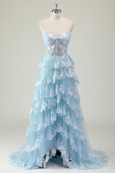 Sparkly Blue A-Line Sweetheart Sequins Tulle Ruffled Long Corset Prom Dress with Slit