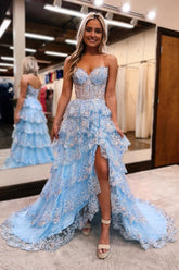 Sparkly Blue Sweetheart Sequins A-Line Ruffled Long Corset Prom Dress with Slit
