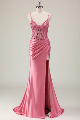 Coral Spaghetti Straps Beaded Mermaid Satin Long Prom Dress with Slit
