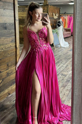 Sparkly Fuchsia Spaghetti Straps A-Line Pleated Long Corset Prom Dress with Appliques
