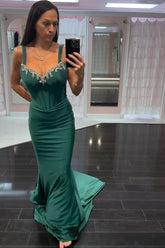 Dark Green Spaghetti Straps Mermaid Long Corset Prom Dress with Beading