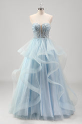 Glitter Blue Sweetheart Sequins A-Line Tulle Tiered Long Corset Prom Dress