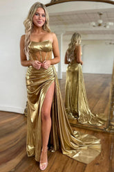 Golden Strapless Metallic Ruched Mermaid Long Corset Prom Dress with Slit