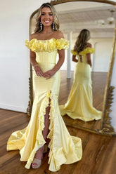 Yellow Off the Shoulder Mermaid Satin Long Prom Dress with Ruffles