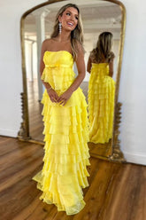 Yellow Strapless Chiffon A-Line Ruffled Long Corset Prom Dress