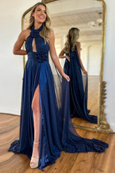 Chic Navy Halter Neck A-Line Long Prom Dress with 3D Flowers