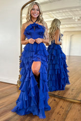 Royal Blue Halter Neck A-Line Chiffon Tiered Long Corset Prom Dress with Slit