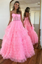 Pink Spaghetti Straps Princess Tulle Tiered Long Corset Prom Dress
