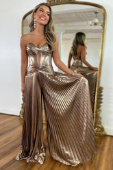 Rose Golden Sweetheart A-Line Metallic Pleated Long Corset Prom Dress with Slit