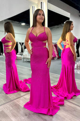 Sparkly Fuchsia Spaghetti Straps Mermaid Long Prom Dress with Beading