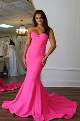 Hot Pink Strapless Mermaid Long Corset Prom Dress with Slit