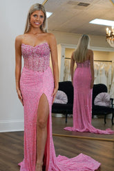 Sparkly Pink Strapless Sequins Mermaid Long Corset Prom Dress with Slit