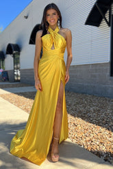Yellow Halter Neck Satin Ruched Mermaid Long Prom Dress with Slit
