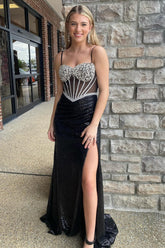 Sparkly Black Spaghetti Straps Mermaid Sequins Long Corset Prom Dress with Beading
