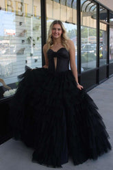 Black Sweetheart A-Line Tulle Tiered Long Corset Prom Dress with Slit