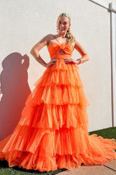 Orange Halter Neck A-Line Tulle Tiered Long Prom Dress